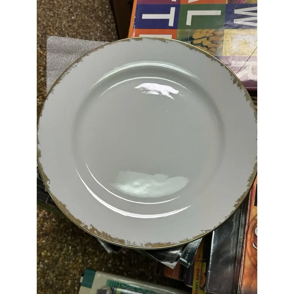 Lot of 12 The Cellar Made In Bangladesh White Dinner Plate With Gold Trim 10.25”